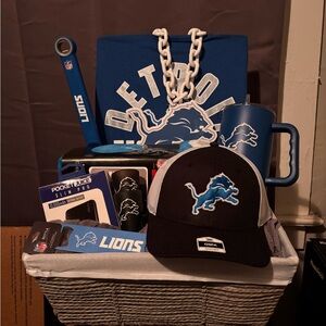 Black and Gray Lions, blue and white Gift Basket.